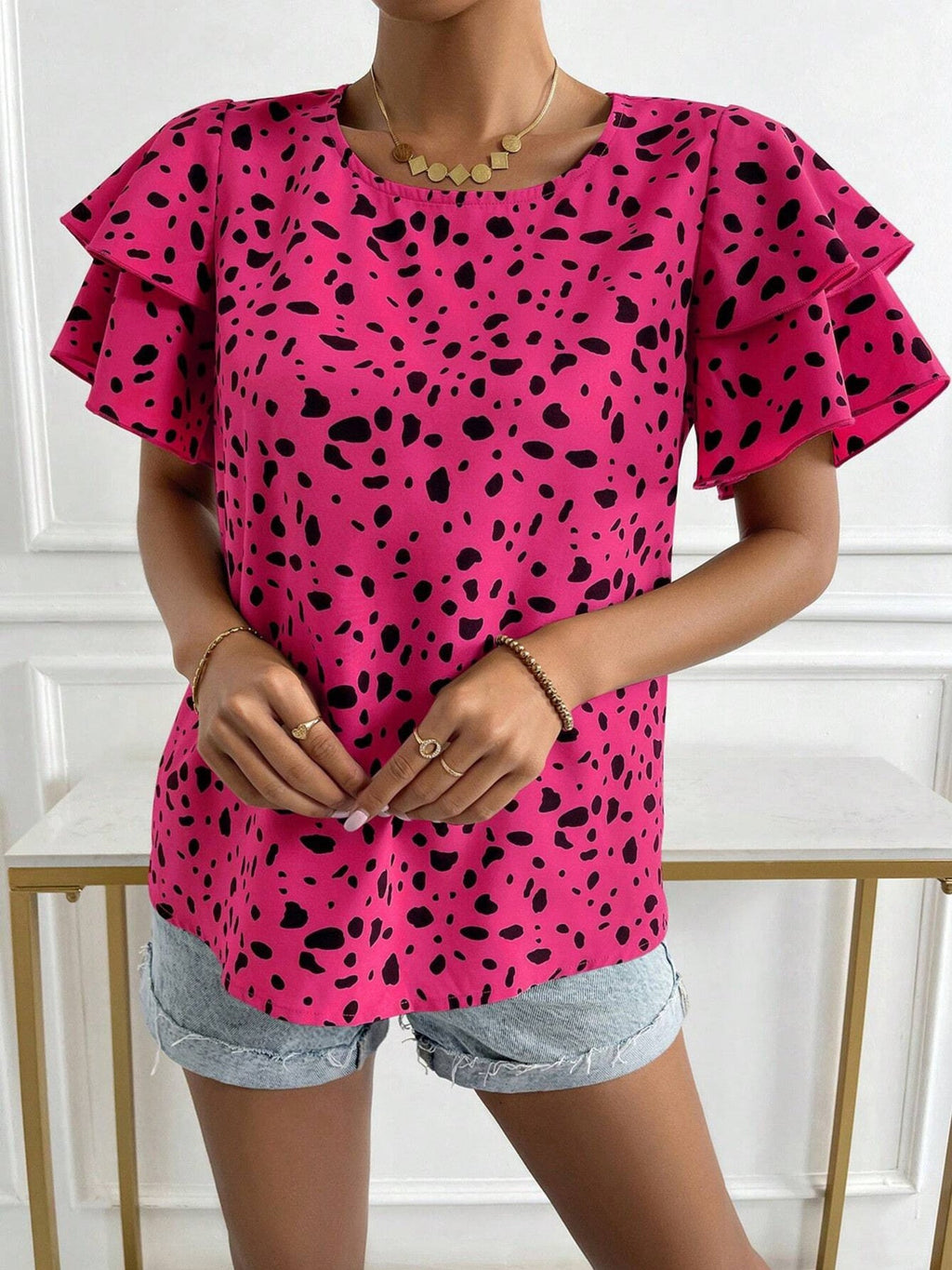 Animal Print Ruffle Sleeve Blouse