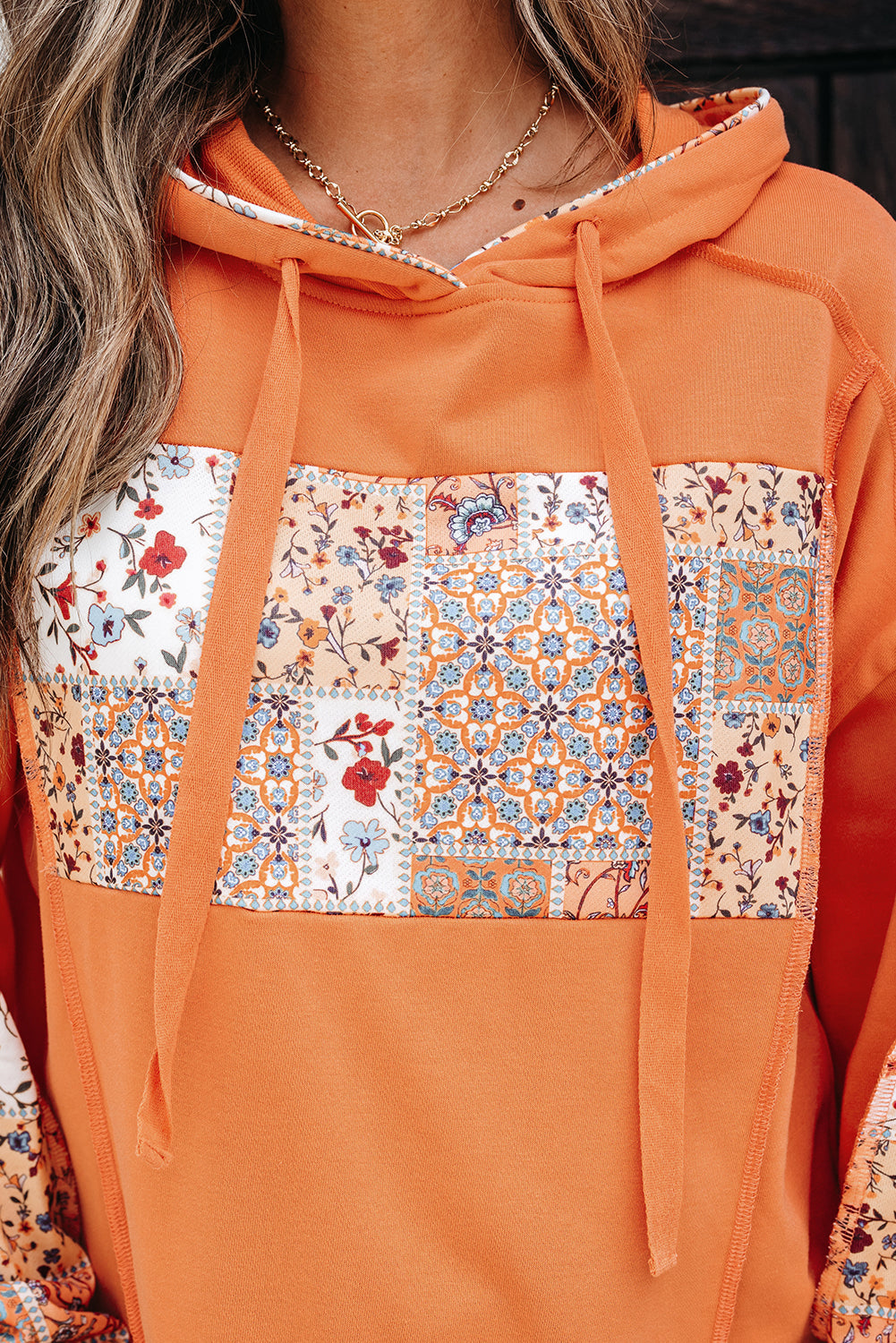 Floral Patchwork Drawstring Hoodie