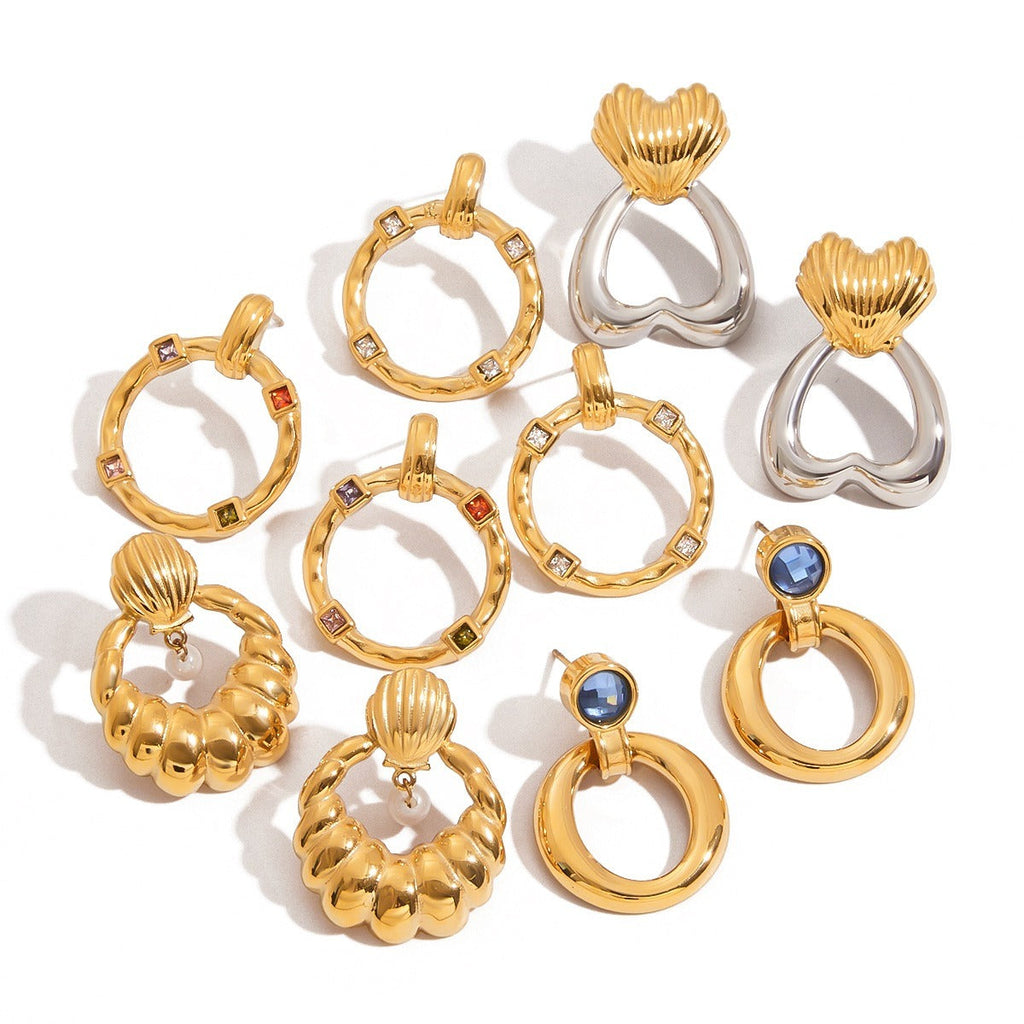 18K gold geometric inlaid gemstone design classic fashion earring ring set