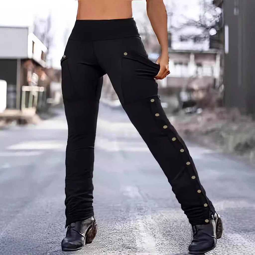 Women High Waist Stretch Cargo Pants Side Button Decor Flared Yoga Pants With Pockets Casual Trousers