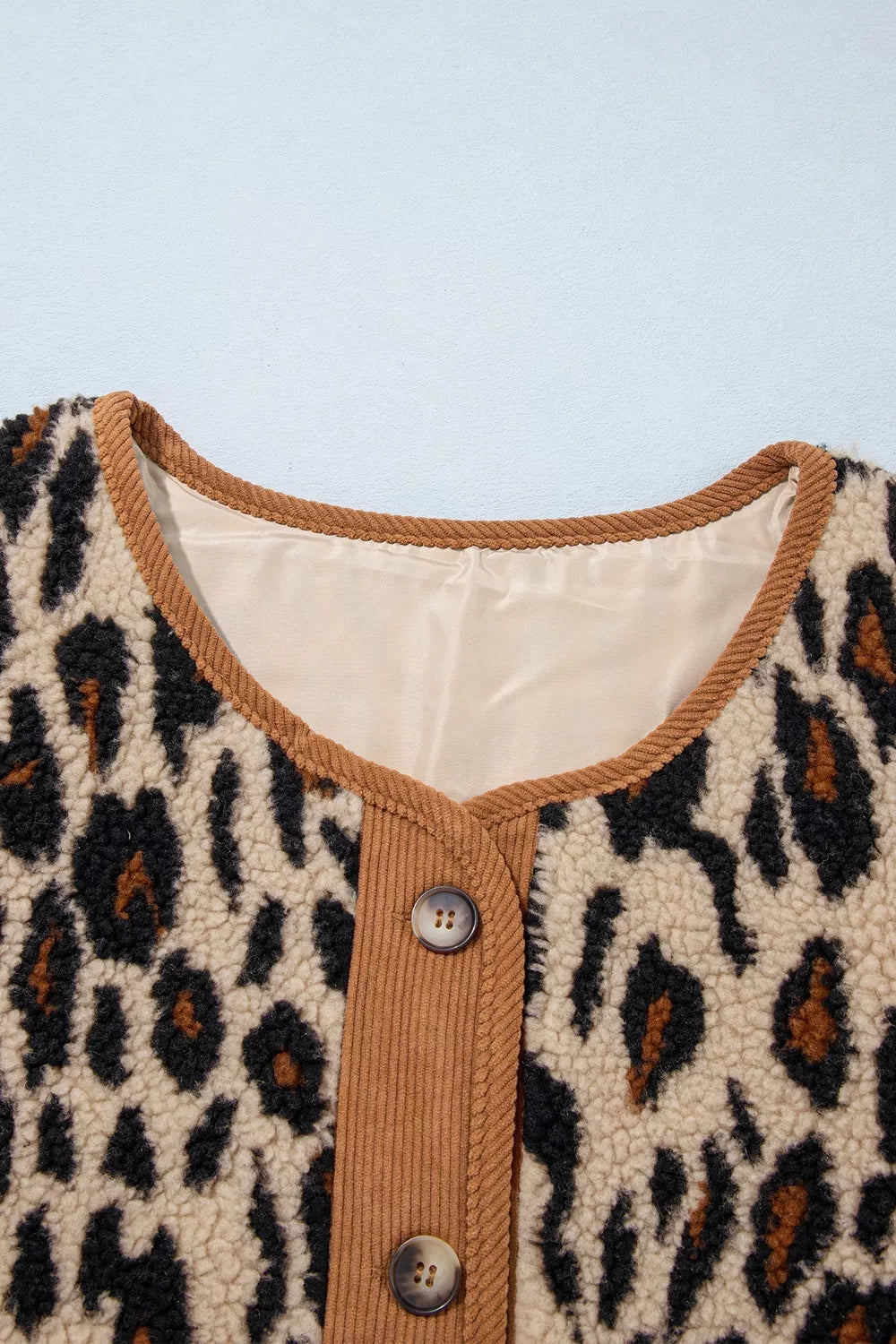 Leopard Plush Corduroy Trim Long Sleeve Jacket
