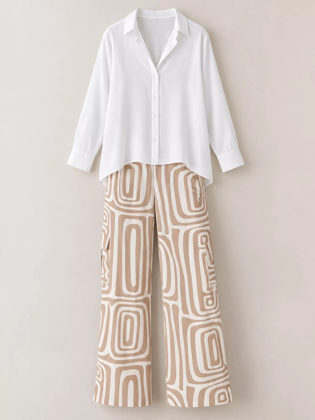 Full Size Chic Button-Down Shirt and Geometric Wide-Leg Pants Set Plus Size
