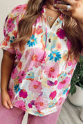 Pink Plus Size Floral Print Ruched Short Sleeve Blouse