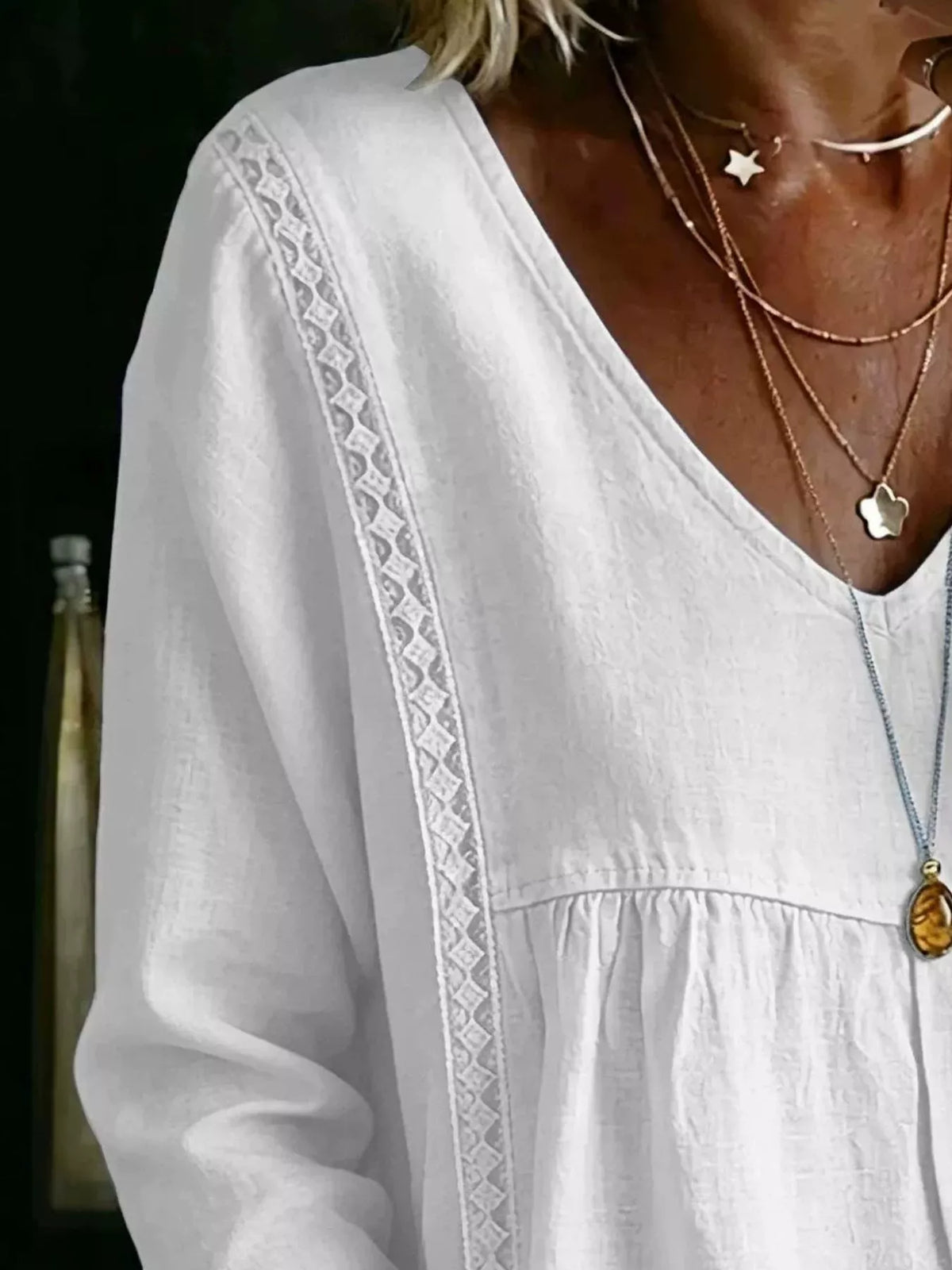 Full Size V-Neck Lace Trimmed Long Sleeve Blouse Plus Size