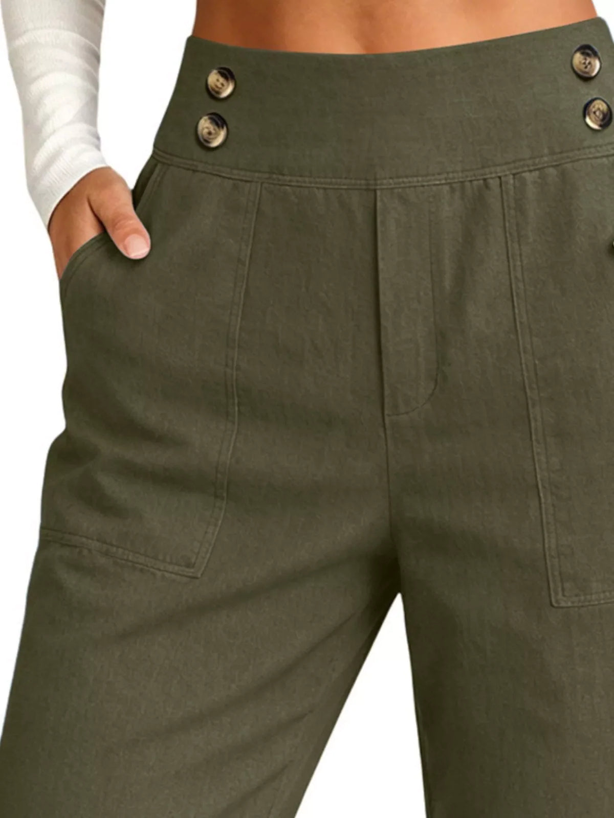 Full Size High-Waisted Button-Detail Cropped Pants Plus Size