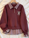 Plaid Collared Faux-Layered Hem Sweatshirt