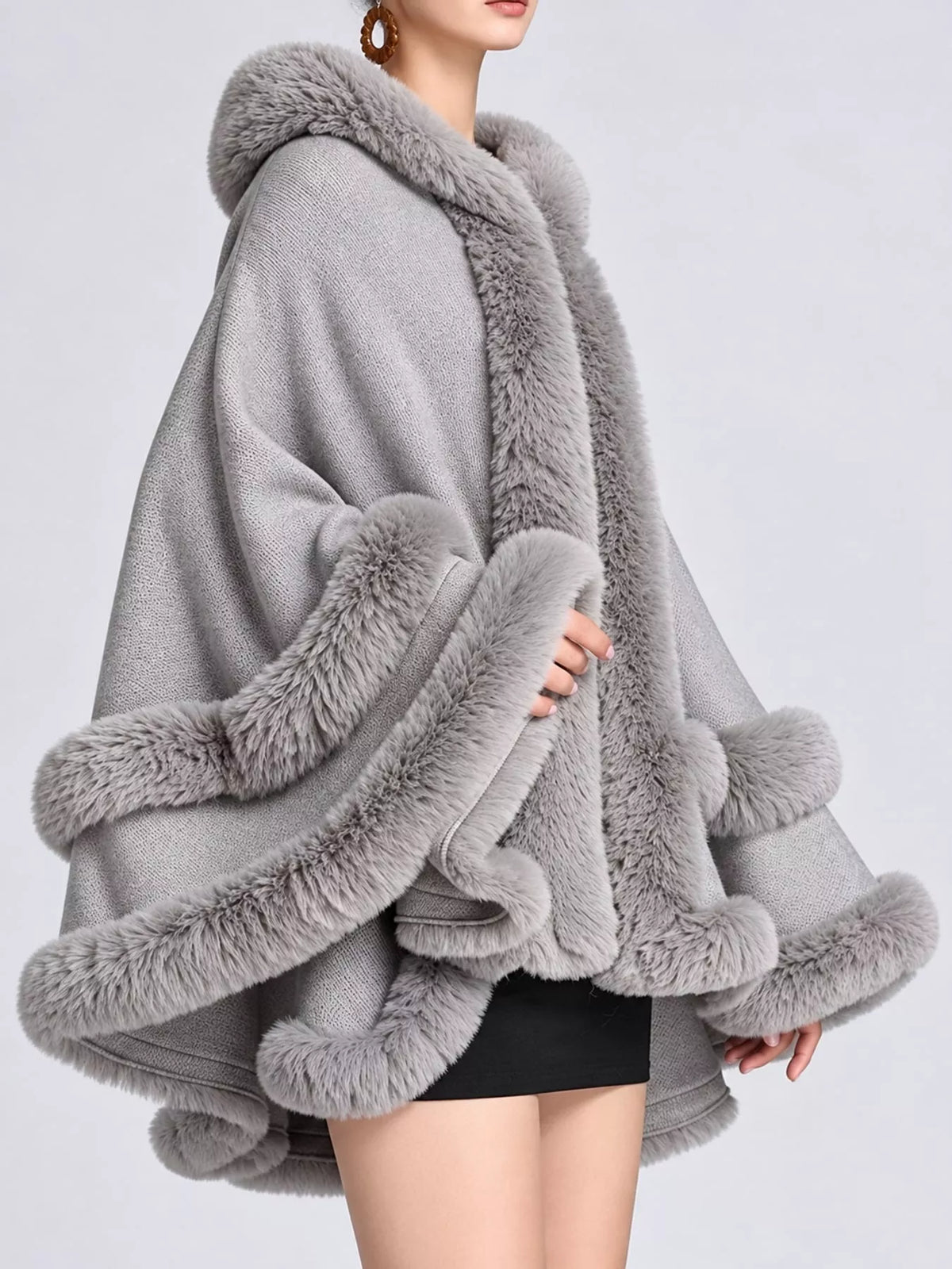 Faux Fur Trimmed Hooded Cape