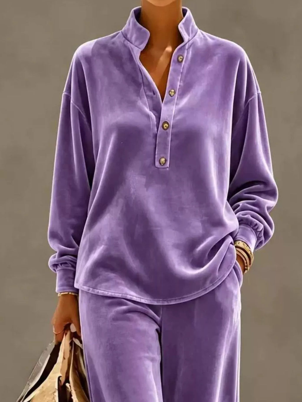 Full Size Half Button Top and Wide Leg Pants Set Plus Size