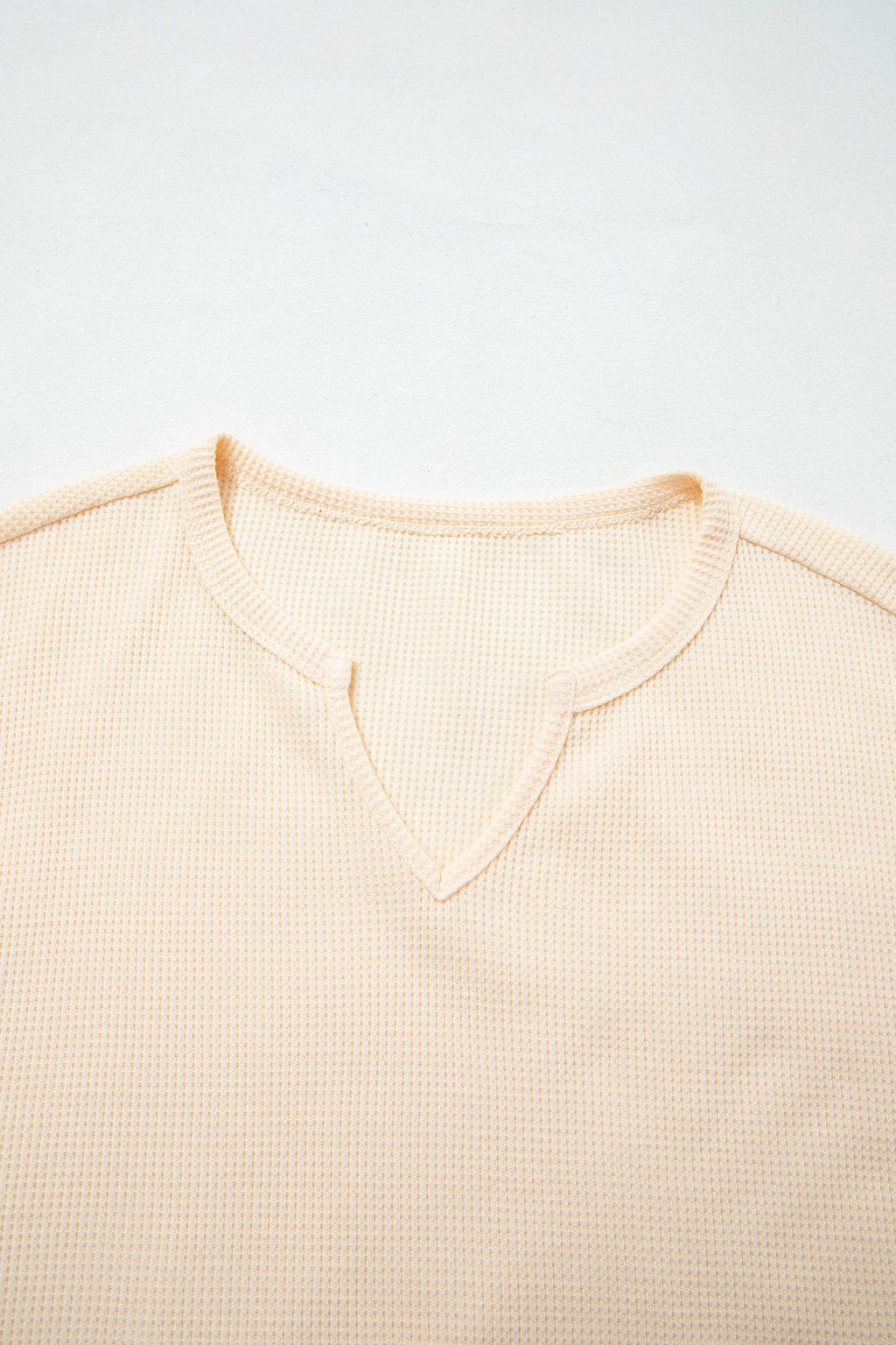 Beige Waffle Textured V Neck Plaid Colorblock Drop Shoulder Long Sleeve Top