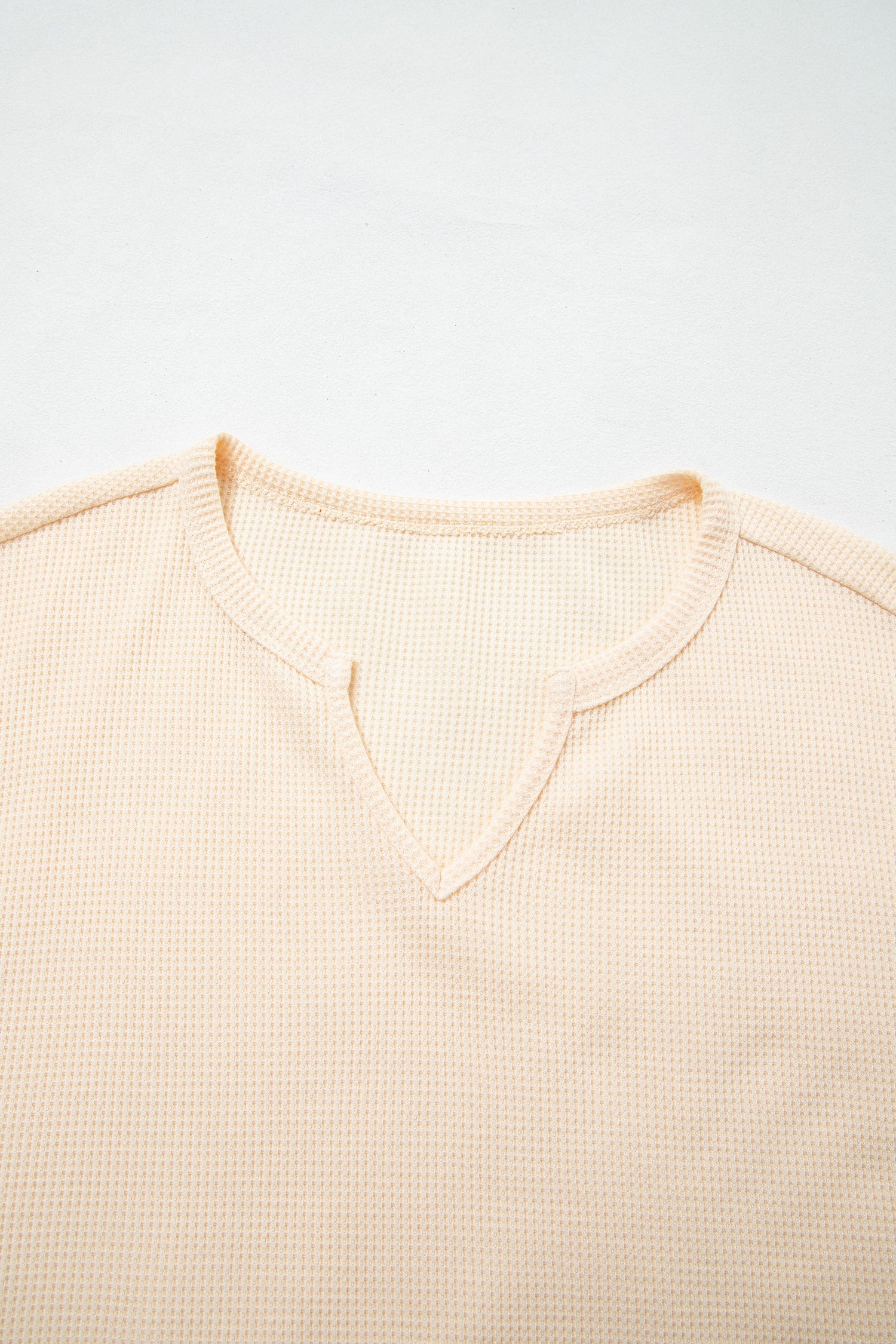 Beige Waffle Textured V Neck Plaid Colorblock Drop Shoulder Long Sleeve Top