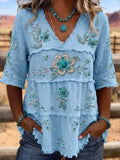 Full Size Floral Raw Hem V-Neck Blouse Plus Size