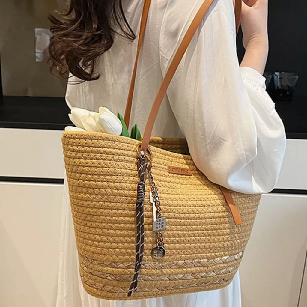 Woven Straw Tote Handbag with Leather Straps