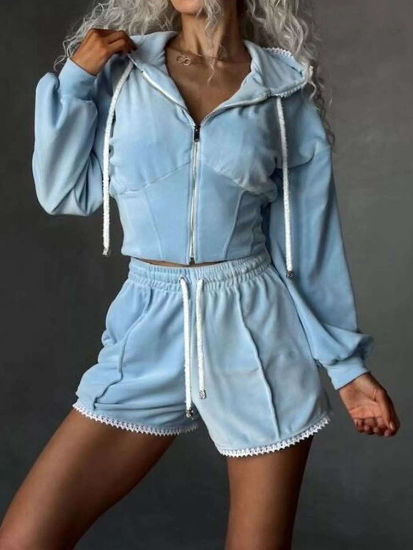 Drawstring Zip-Up Hoodie and Shorts Set