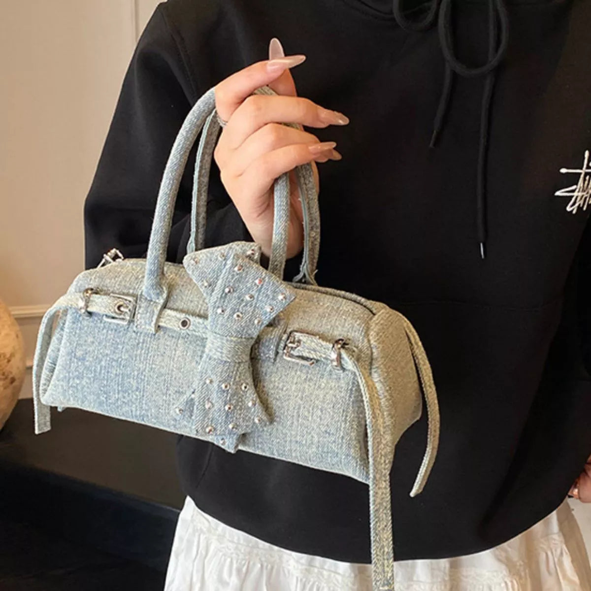 Denim Bow Accent Crossbody Bag