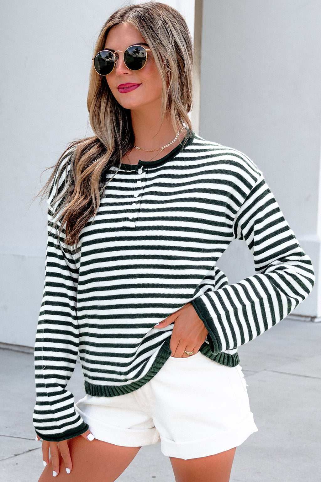 Green Stripe Striped Button Placket Drop Shoulder Long Sleeve Sweater