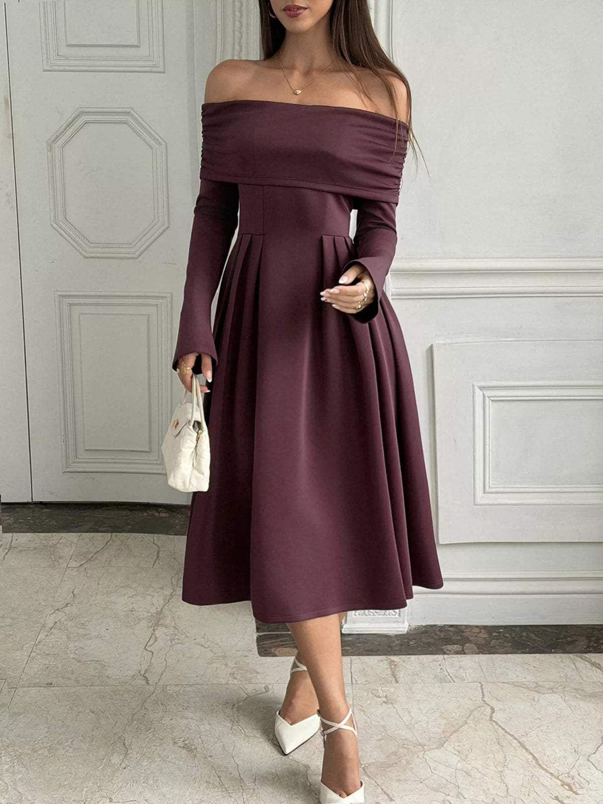 Off-Shoulder Long Sleeve Midi Dress