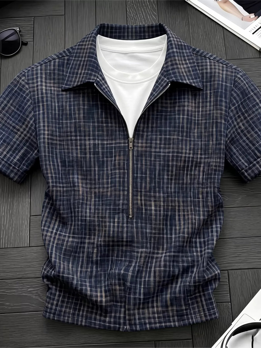 Men's Plus Size Plaid Zipper Short Sleeve Shirt