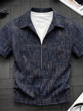 Men's Plus Size Plaid Zipper Short Sleeve Shirt