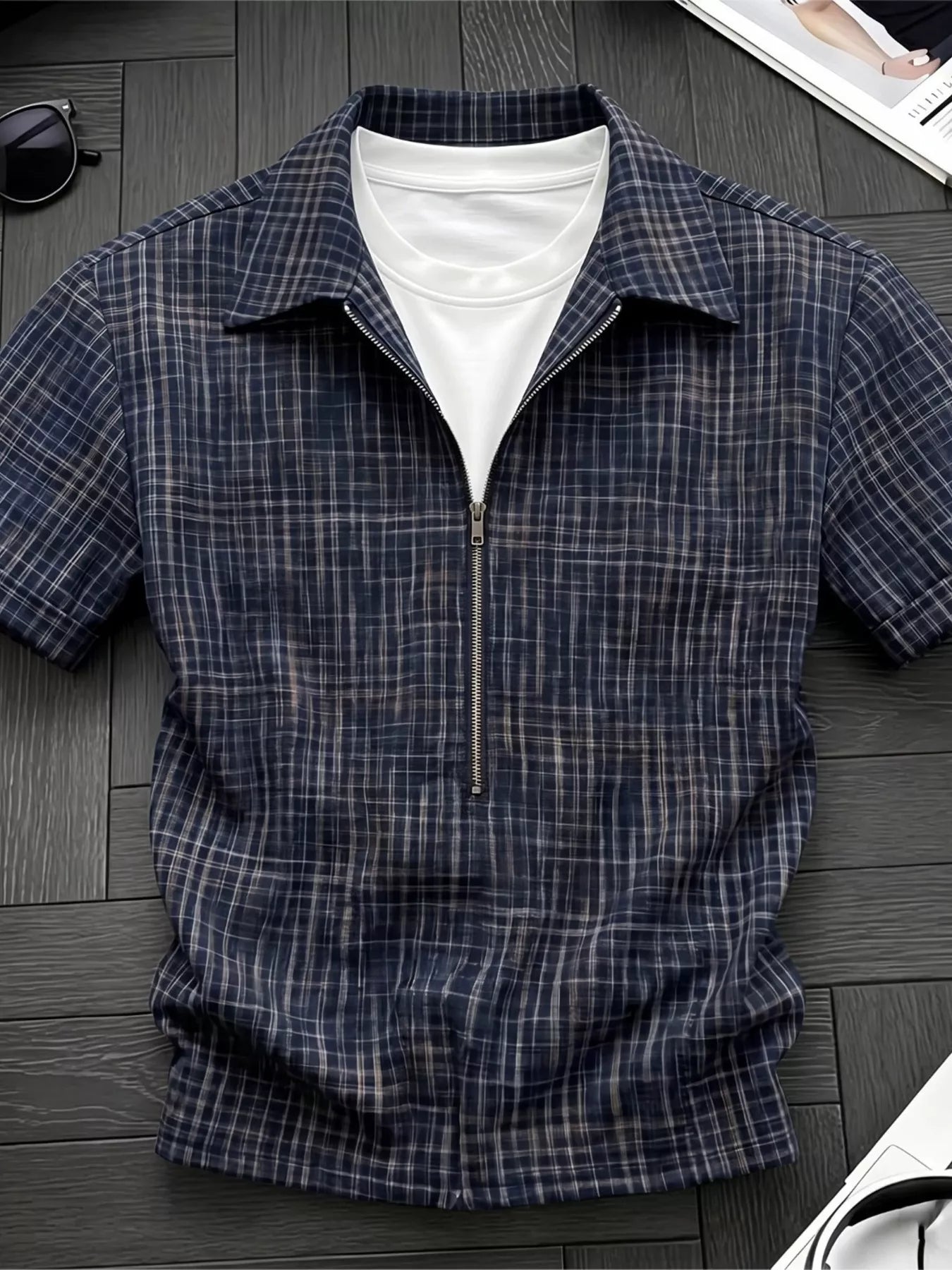 Men's Plus Size Plaid Zipper Short Sleeve Shirt