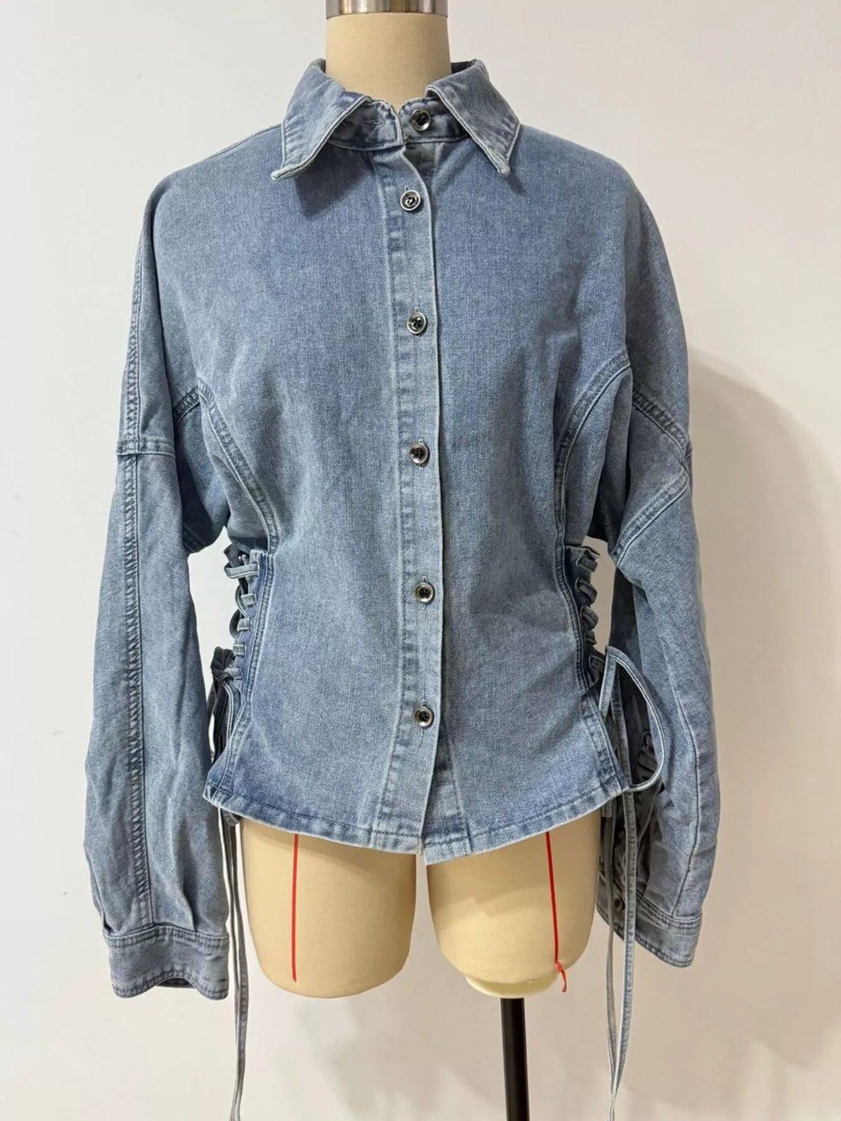 Button Down Lace-Up Side Denim Jacket
