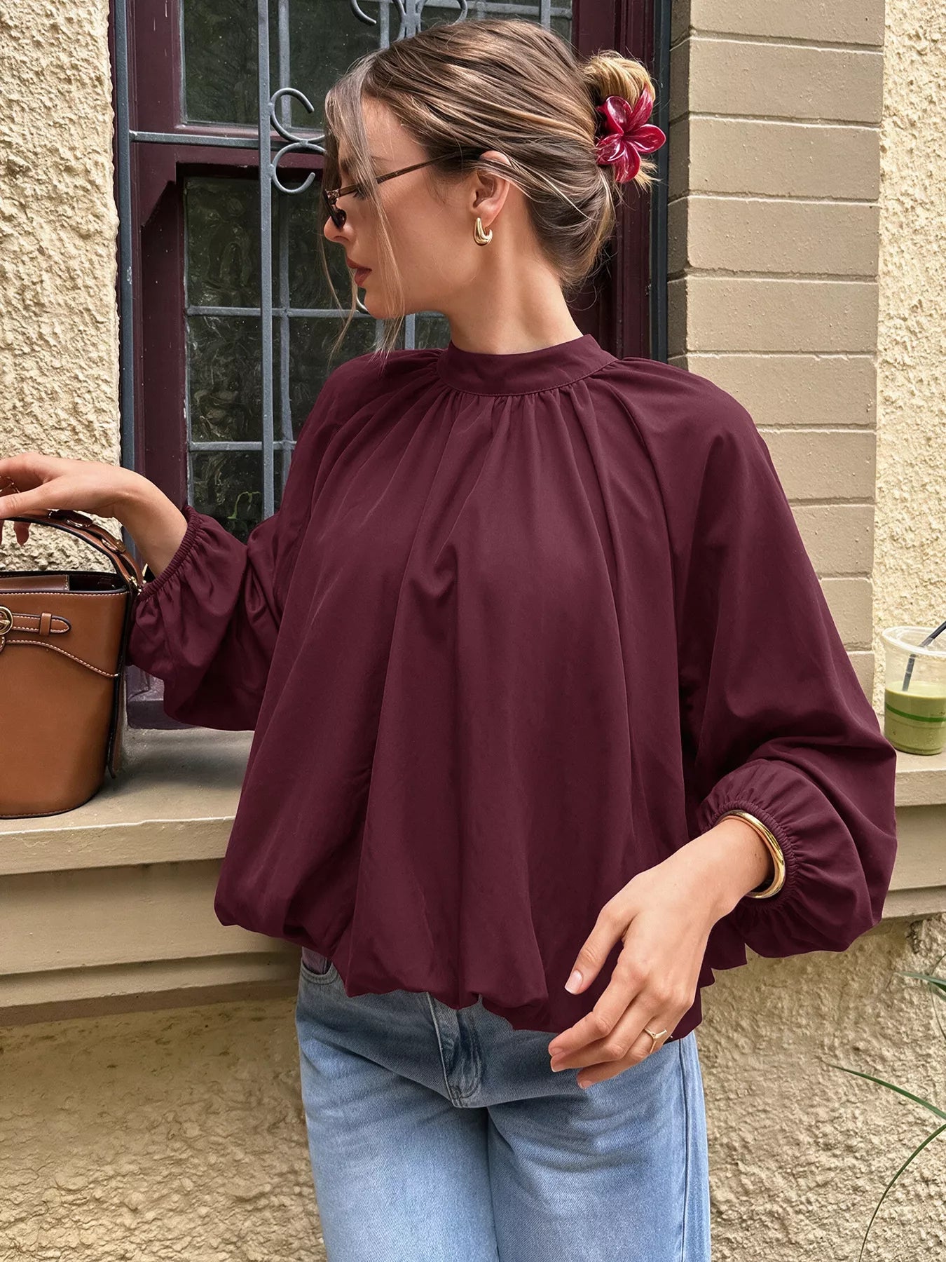 Tie Back Balloon Sleeve Blouse