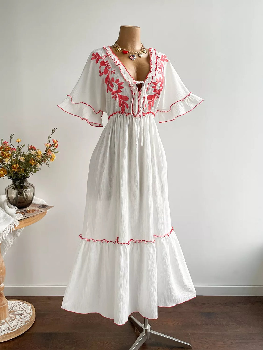 Front Tie Maxi Dress with Floral Embroidered