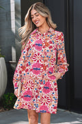 Red Fall Flower Print Long Sleeve Mini Dress