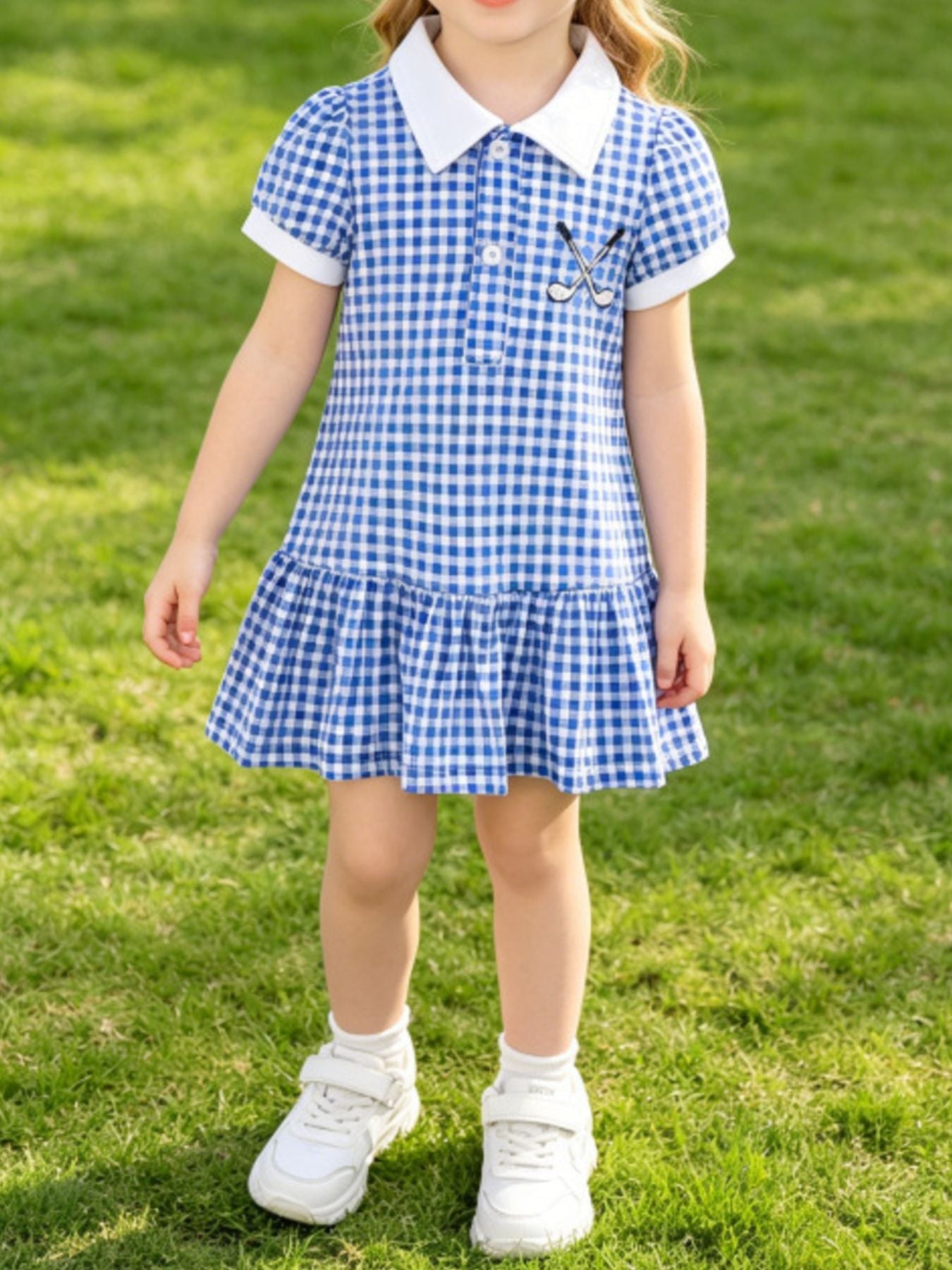 Children's Gingham Polo Collar Ruffle Hem Dress