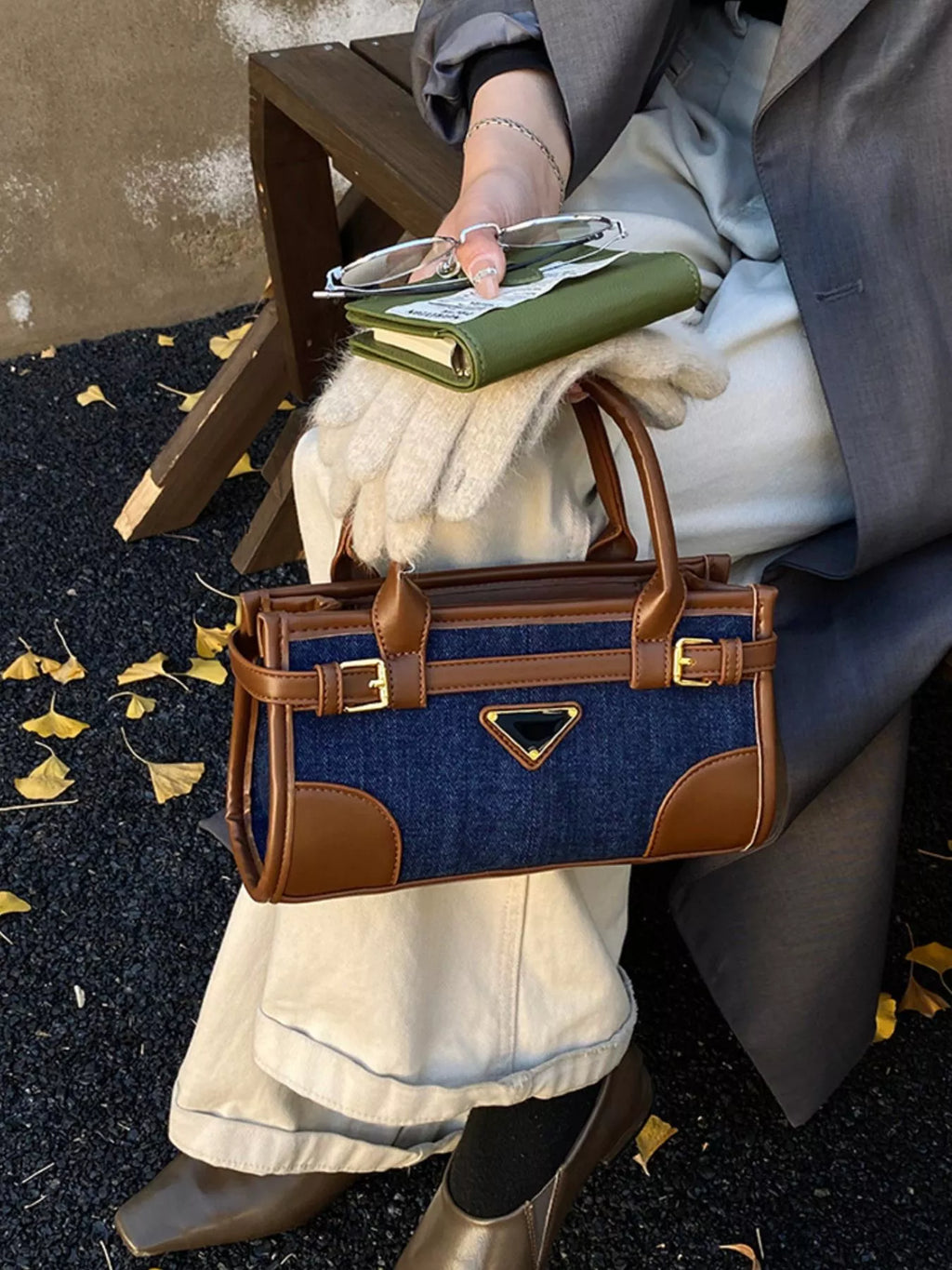 Denim Patchwork Buckle Decor Crossbody Bag