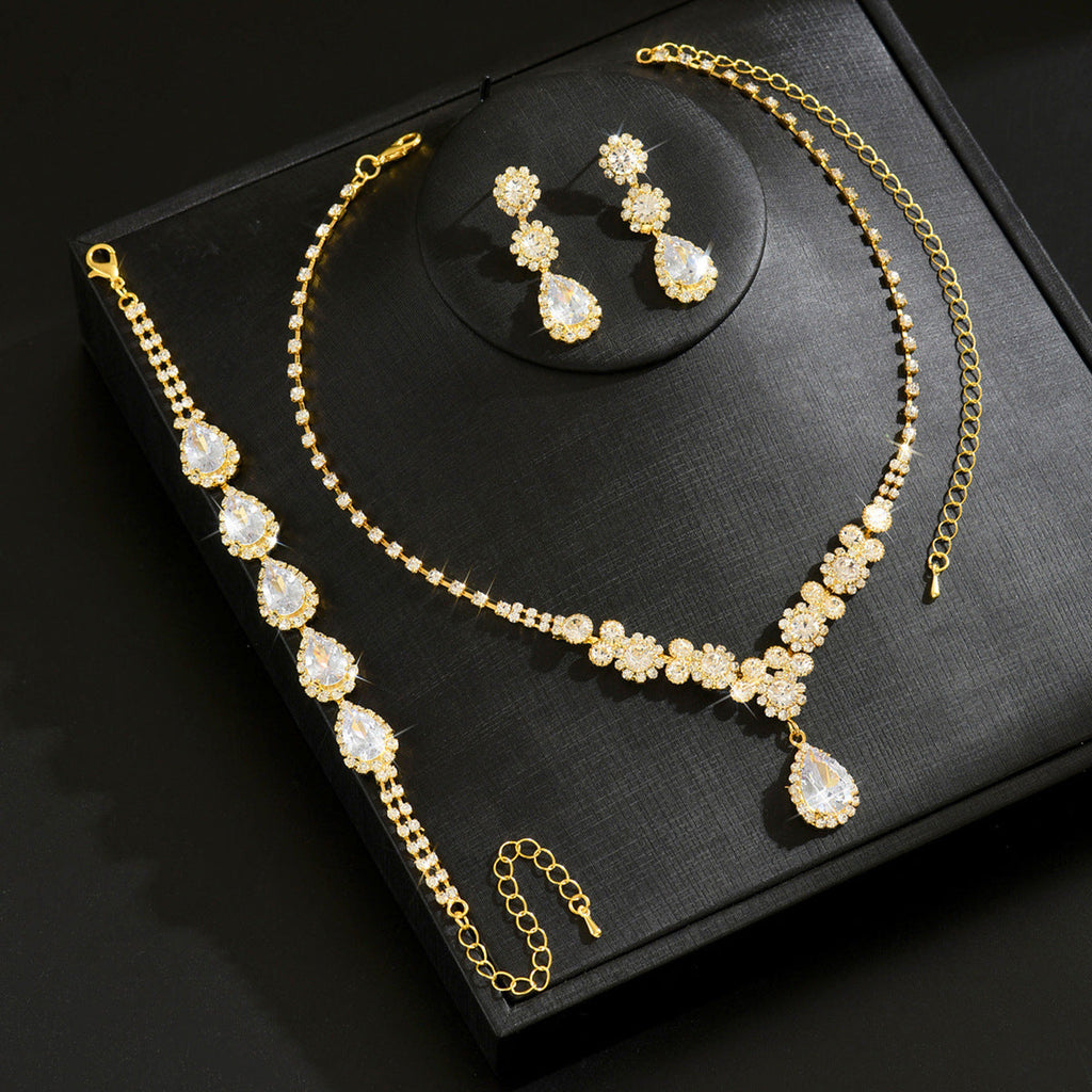 Women 3 Pcs Gold Tone Rhinestone Jewelry Set,Necklace Dangle Earrings Bracelet,Luxurious Bridal Costume Accessories For Wedding Banquet Party Occasion