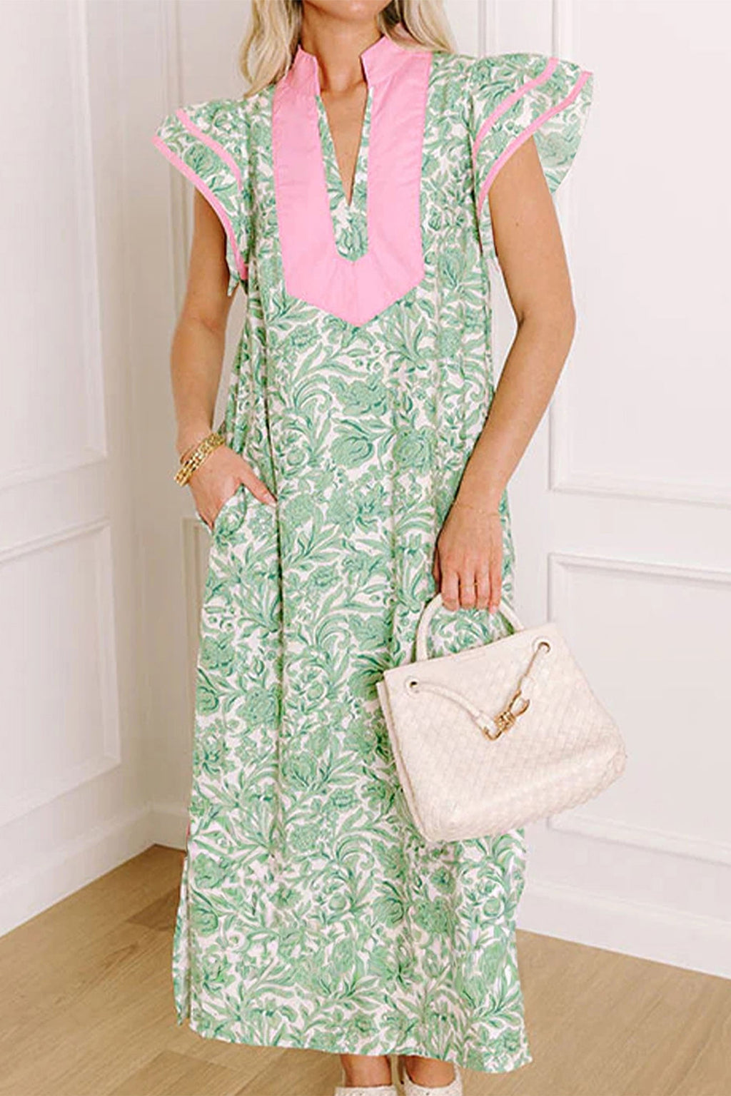 Green Floral Print Color Block Patchwork V Neck Short Sleeve Midi Dress