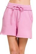 Fleece Raw Hem Drawstring Shorts with Side Pockets