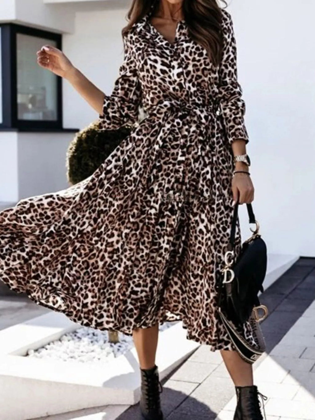 Leopard Print Button-Down Midi Dress with Belt