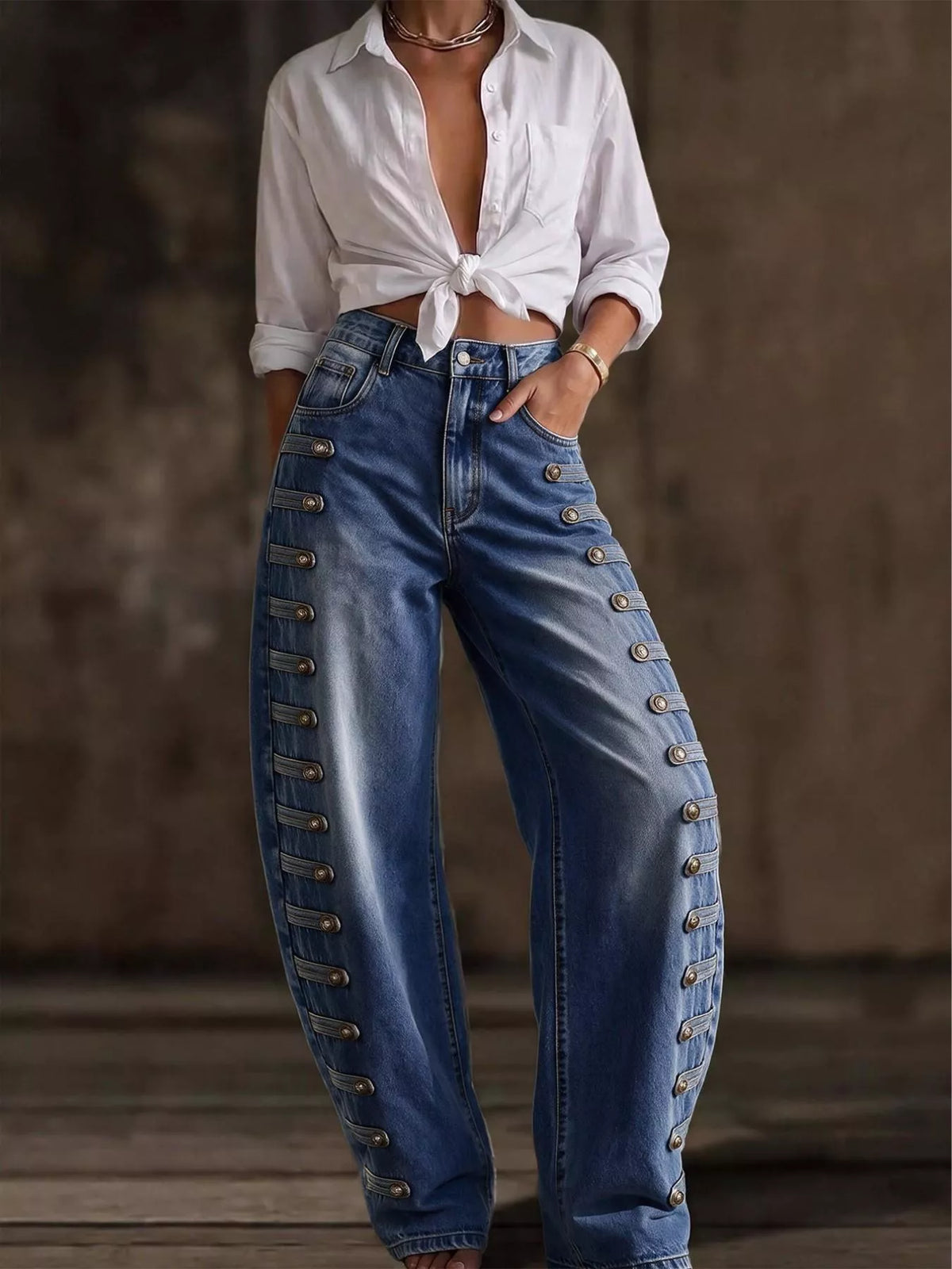 Decorative Button Wide Leg Jeans