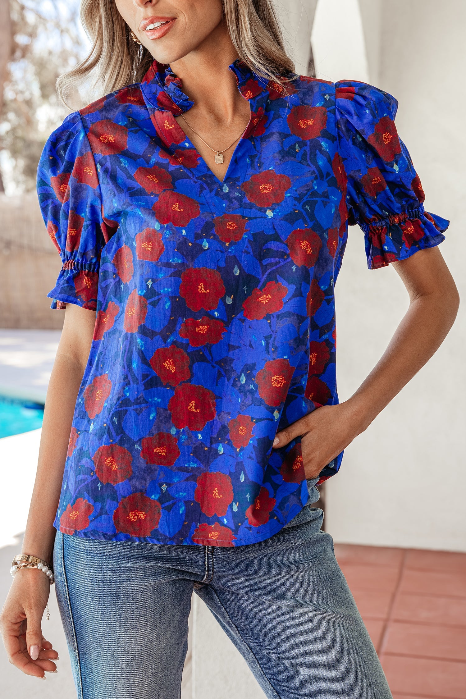 Blue Ruffled Short Balloon Sleeve Frilled V Neck Floral Blouse