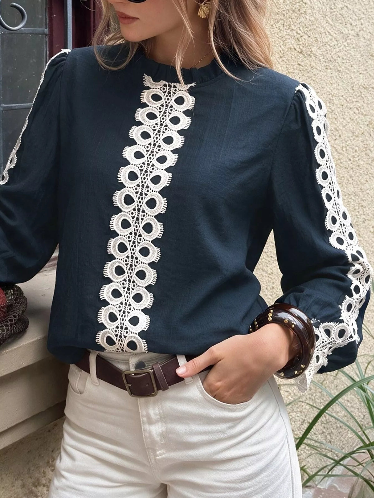 Lace Trim Long Sleeves Blouse