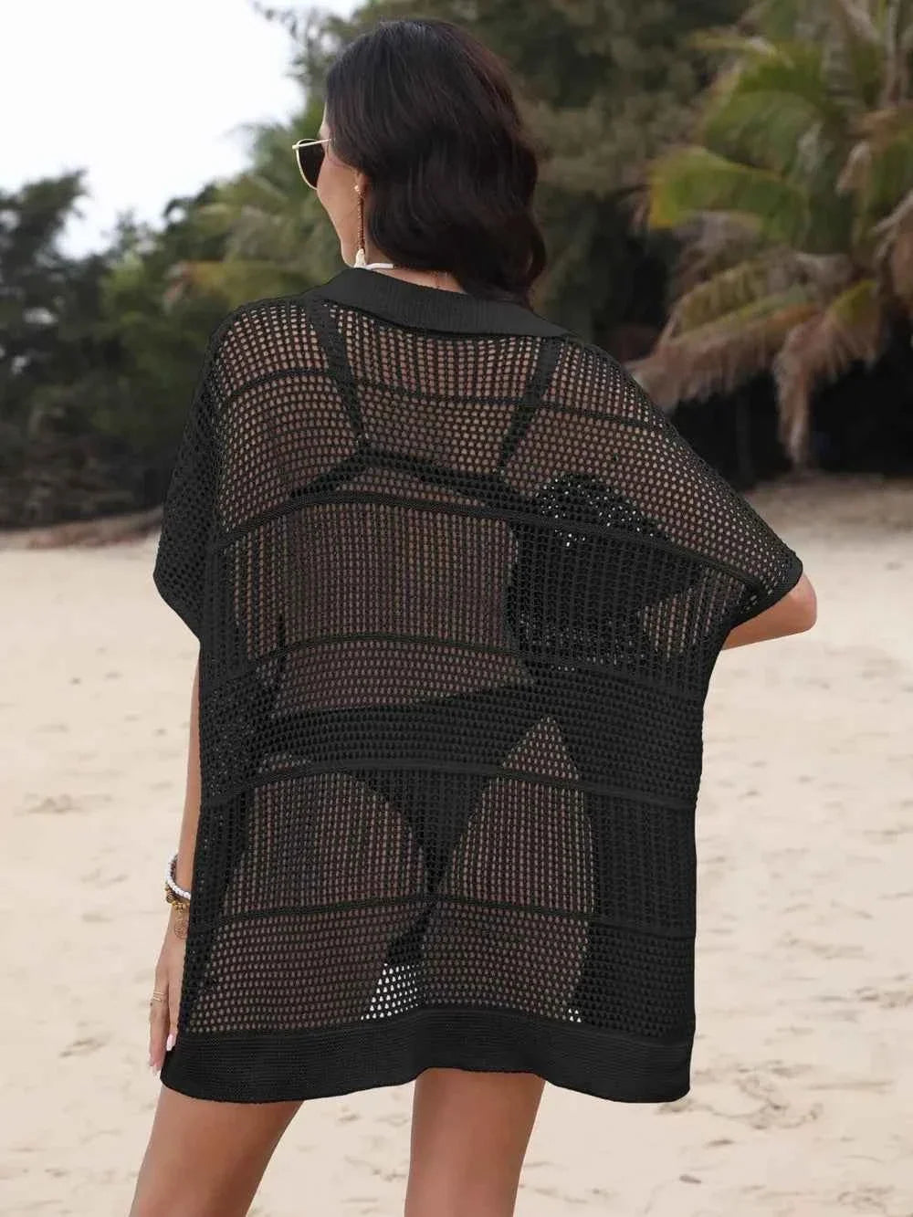 Hollow Out Collared Neck Openwork Sheer Cover-Up