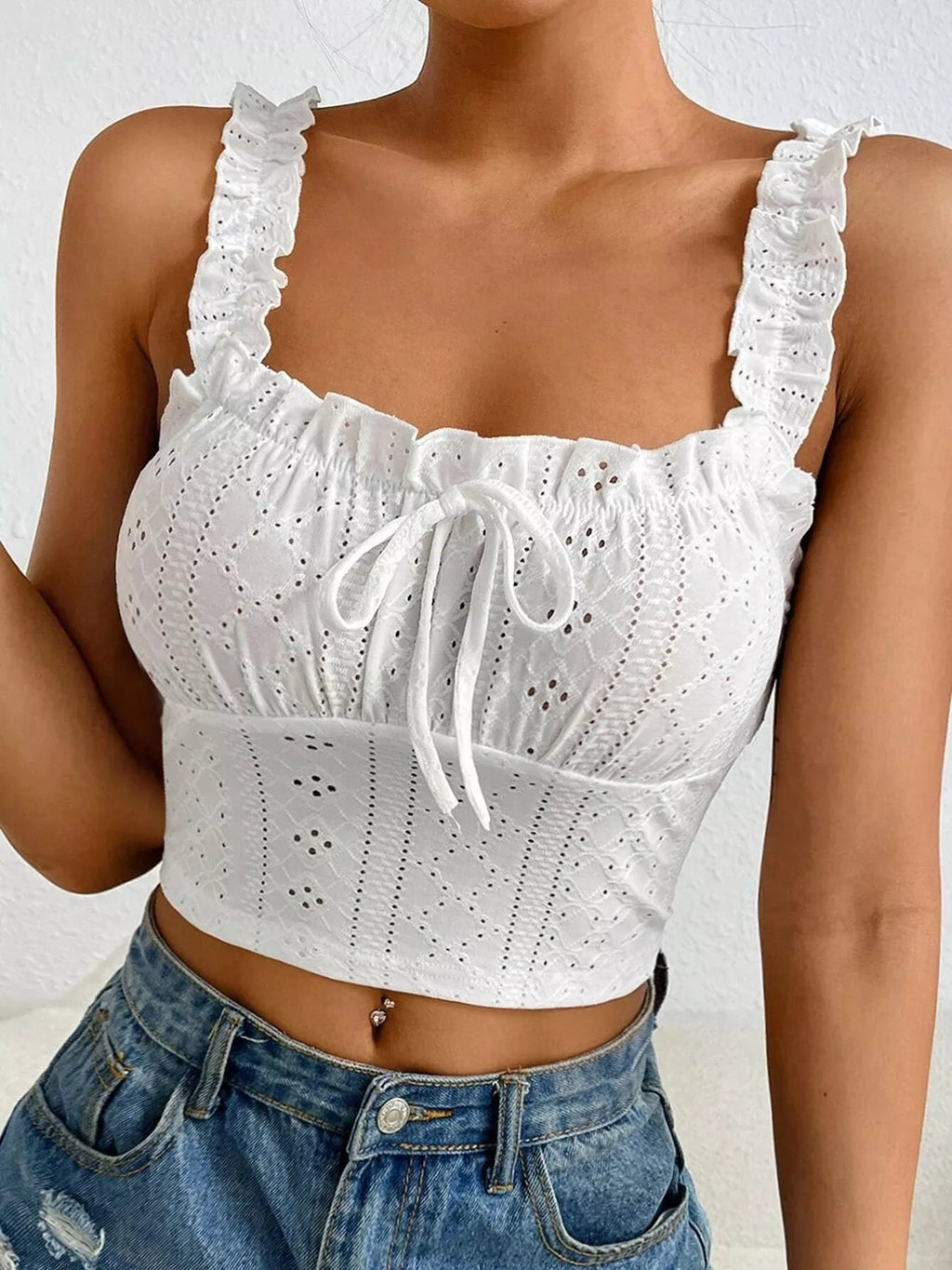 Eyelet Ruffle Strap Tie-Front Tank