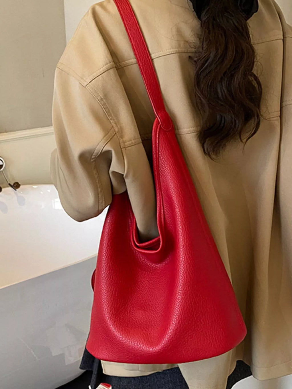 Solid Color Leather Handbag