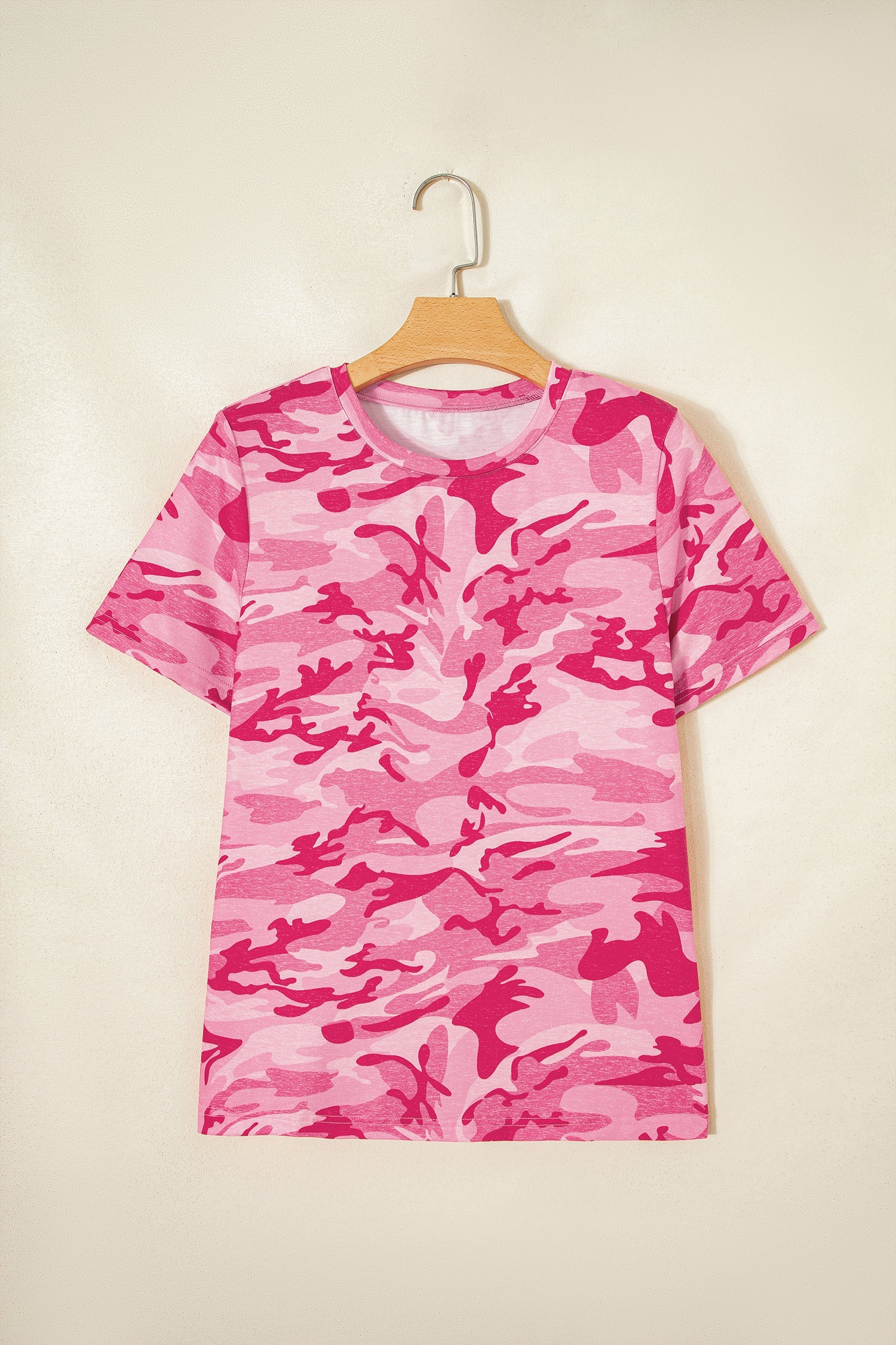 Pink Camouflage Print Crew Neck T Shirt