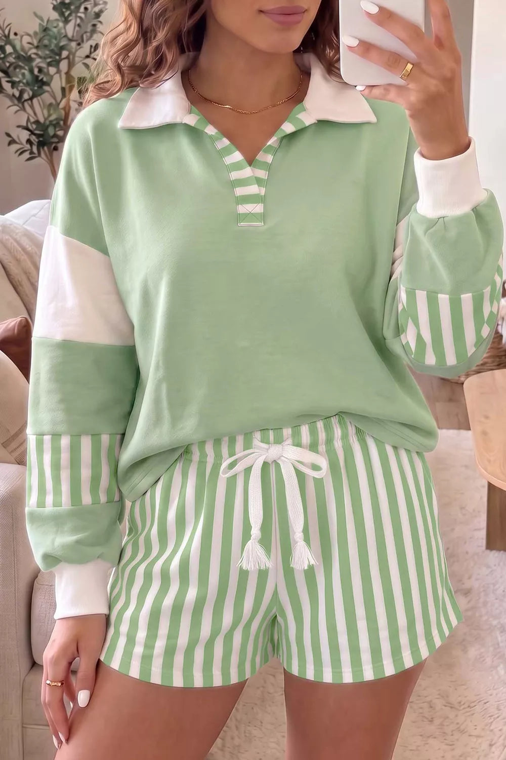 Striped Color Block Pullover Top Drawstring Shorts Set