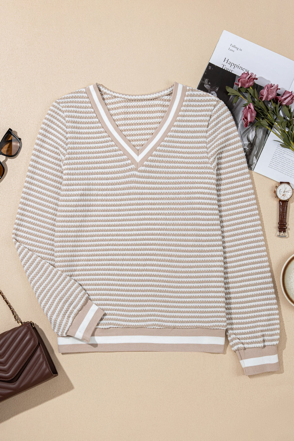 Stripe Textured Knit Long Sleeve V-Neck Top