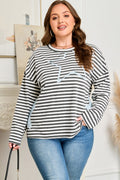 Gray Stripe Contrast Star Stitched Plus Size Long Sleeve Top