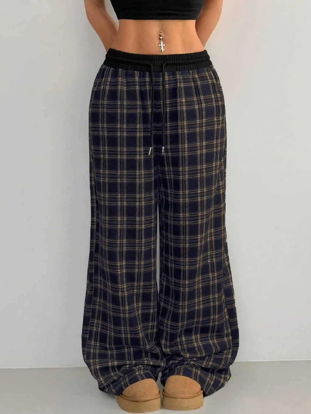 Plaid Wide Leg Pants with Drawstring Waist