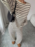 Striped Knit Dropped Shoulder Top and Pants Set