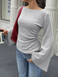 Ribbed Flare Sleeve Top with Ruched Detail
