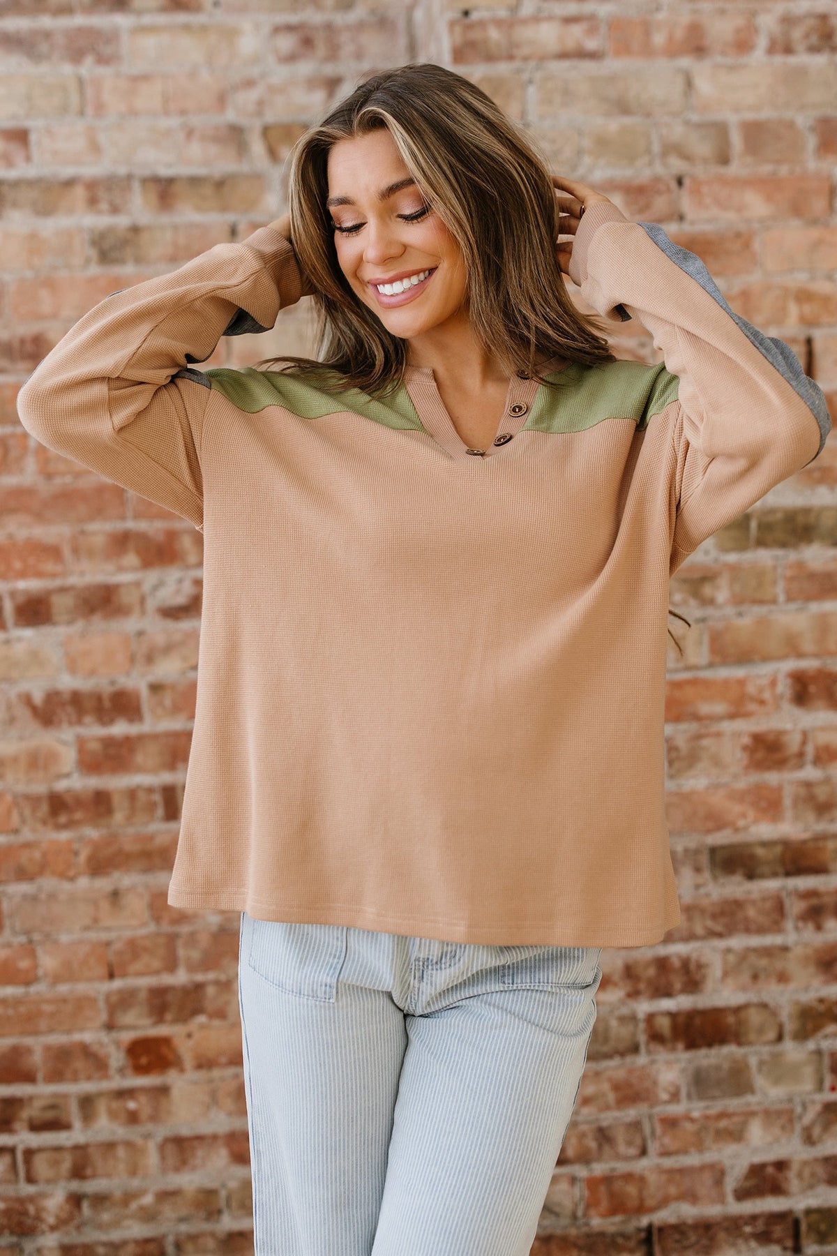 Colorblock Thermal Textured Knit Drop Shoulder Henley Top