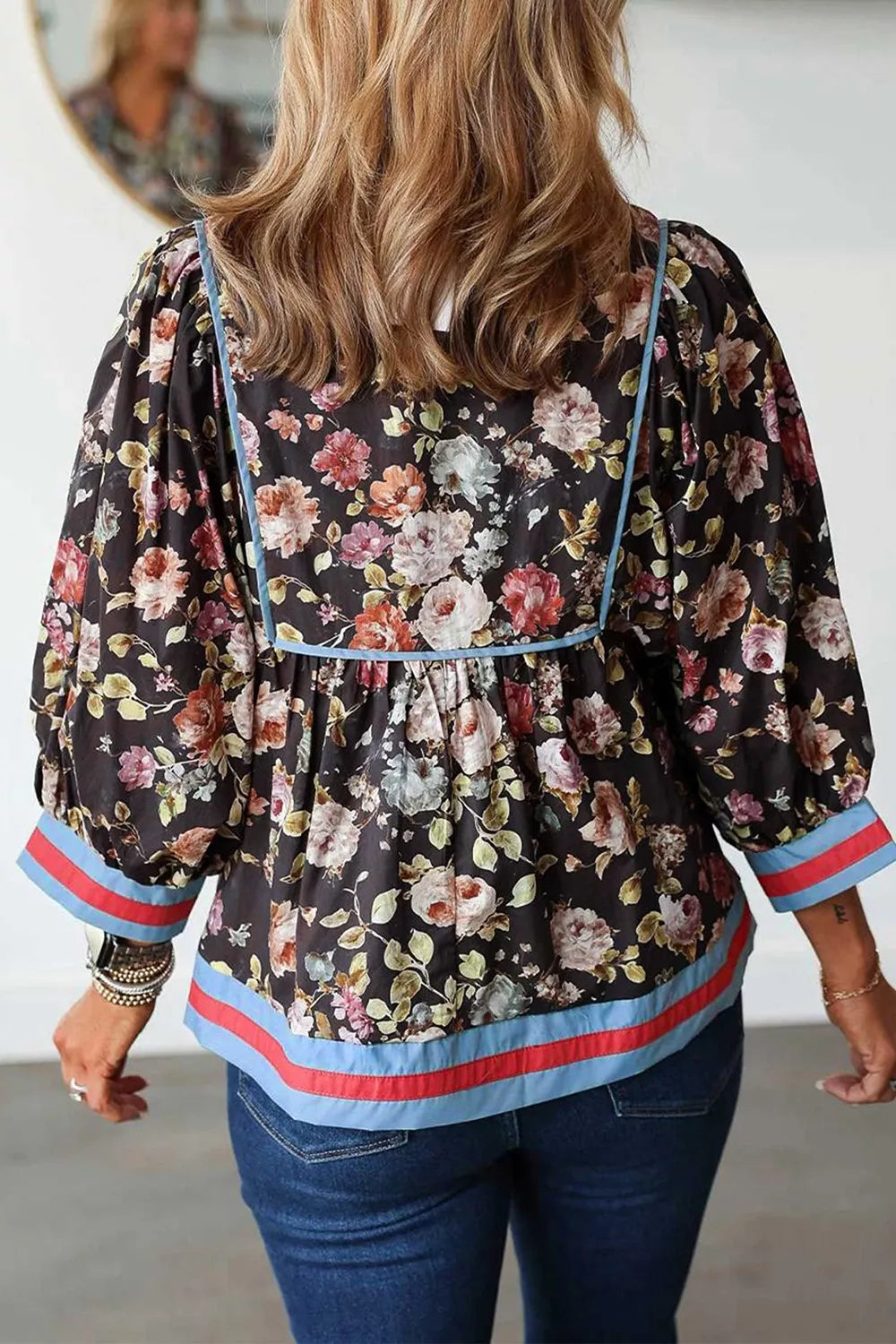 Floral Print Contrast Trim Tie V Neck Blouse