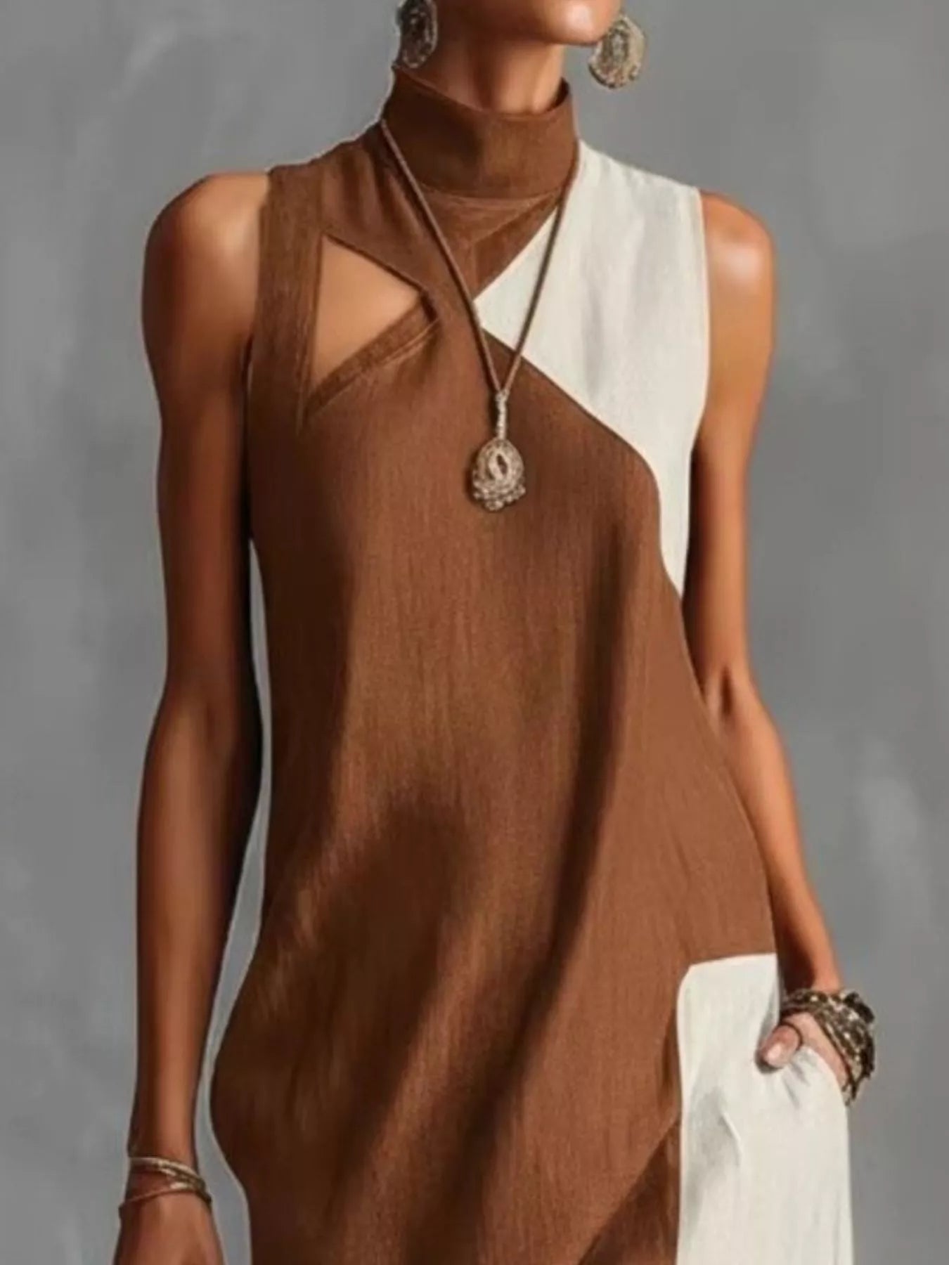 Full Size Color Block Mock Neck Sleeveless Maxi Dress Plus Size