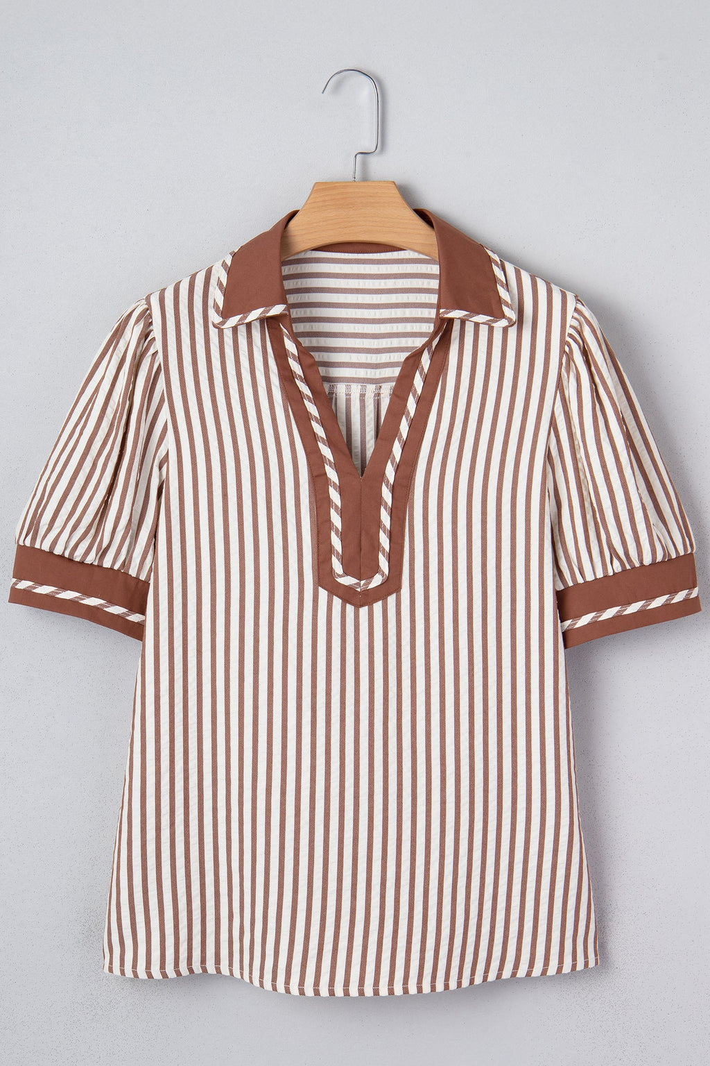 Stripe Collared V-Neck Bubble Sleeve Blouse